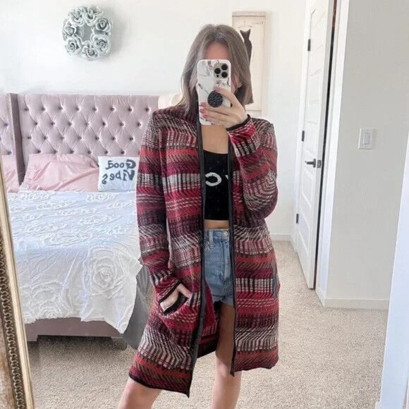 Rafaella Cardigan Red Black Faux Leather Trim Open Front - Picture 2 of 10